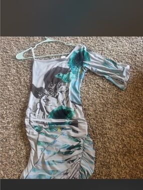 One-Shoulder Ruched Dress with Teal Floral Print